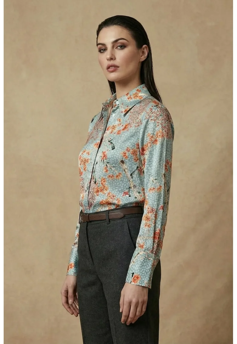 Camasi dama,  camasa cu maneca lunga, imprimeu floral, verde salvie, poliester