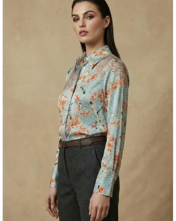 Camasi dama,  camasa cu maneca lunga, imprimeu floral, verde salvie, poliester