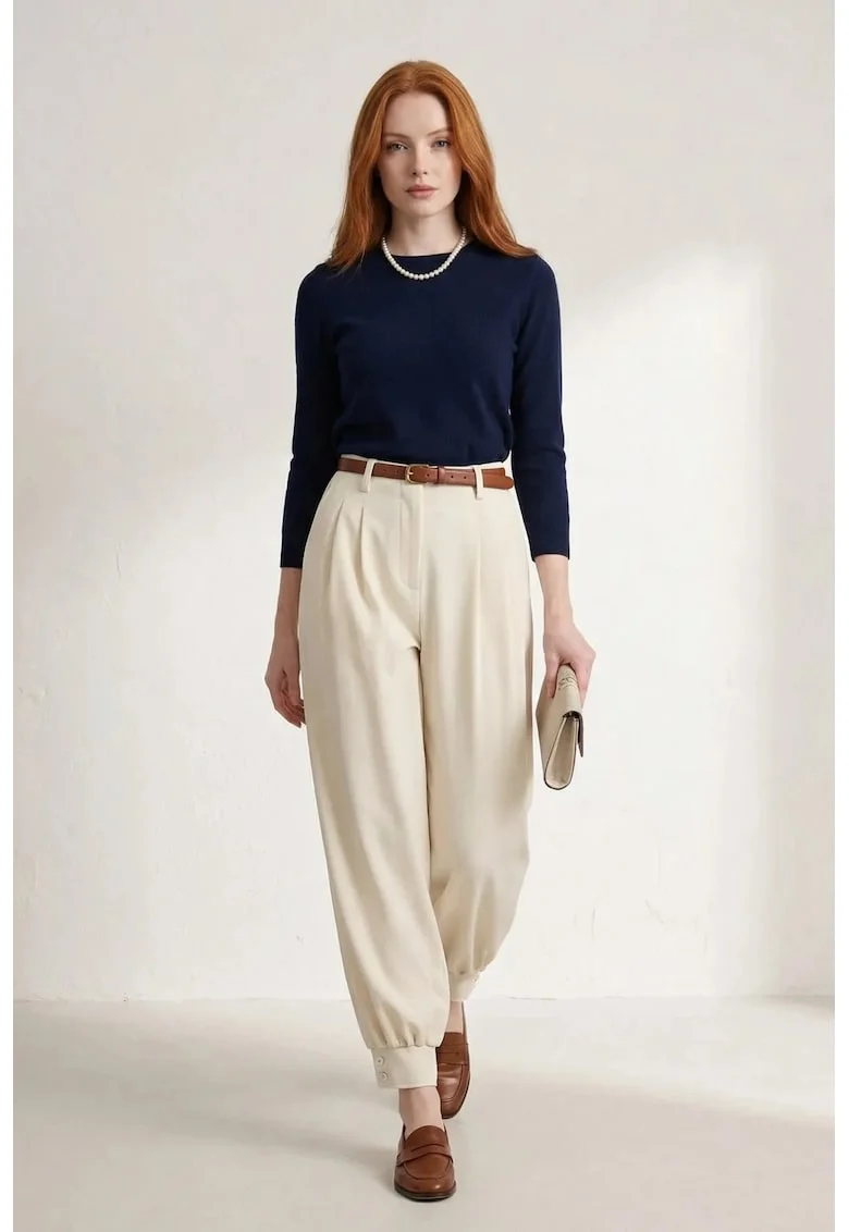 Pantaloni dama  talie inalta, crem, poliester-viscoza