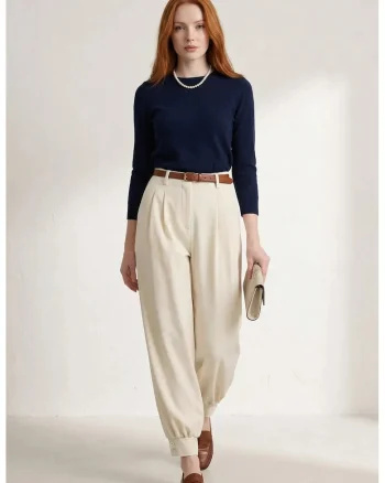 Pantaloni dama  talie inalta, crem, poliester-viscoza
