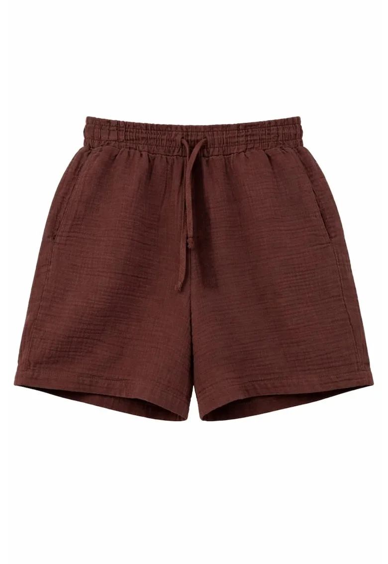 Pantaloni scurti  bumbac texturat, talie inalta, Maro