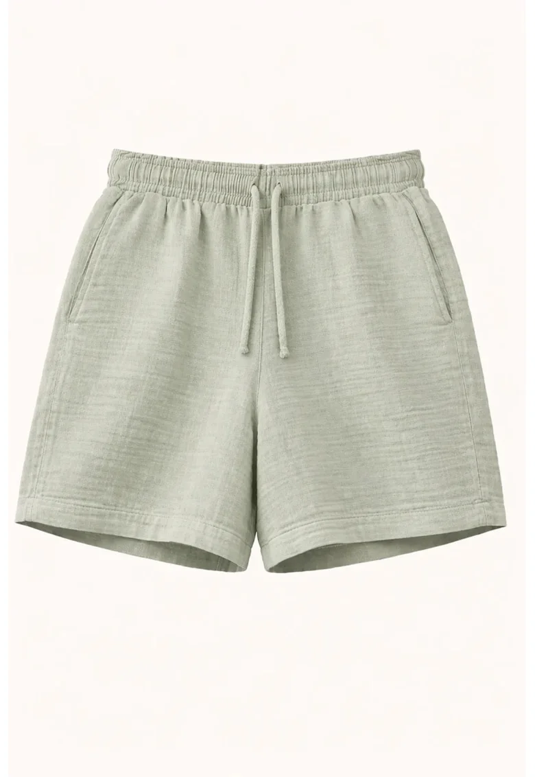 Pantaloni scurti  bumbac texturat, talie inalta, Verde salvie