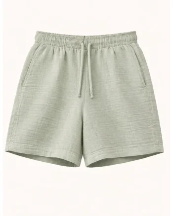 Pantaloni scurti  bumbac texturat, talie inalta, Verde salvie