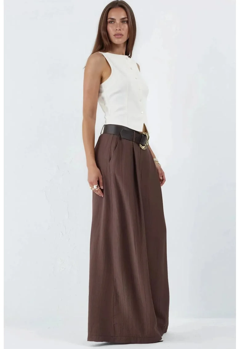 Pantaloni dama  talie inalta, plisati, maro, poliester
