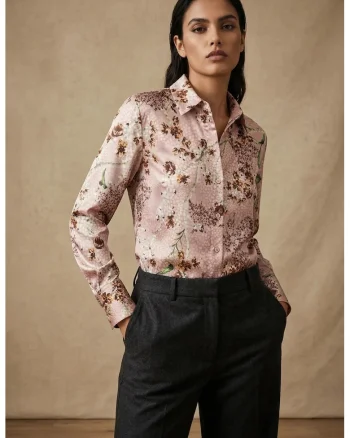 Camasa cu maneca lunga,  imprimeu floral, roz prafuit, 100% poliester