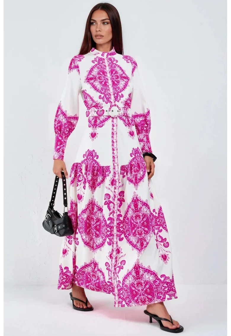 Rochie maxi,  cu maneca lunga, poliester/lycra, alb/roz