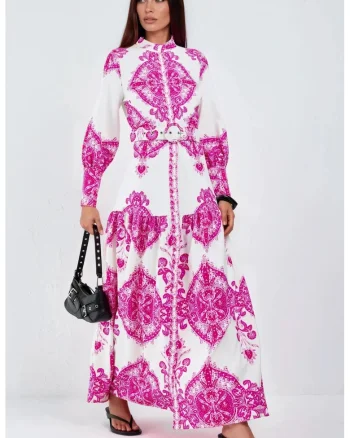 Rochie maxi,  cu maneca lunga, poliester/lycra, alb/roz