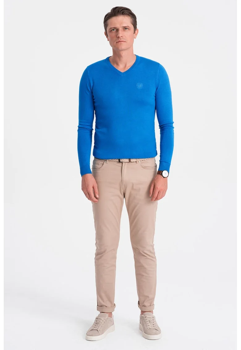 Pulover slim fit cu decolteu in V, Albastru royal