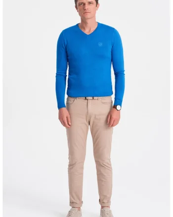 Pulover slim fit cu decolteu in V, Albastru royal