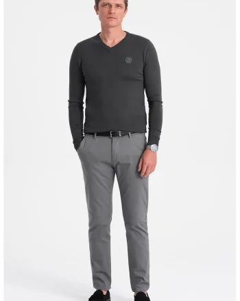 Pulover slim fit cu decolteu in V, Gri antracit