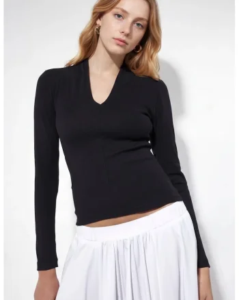 Bluza dama,  Negru, Bumbac/Elastan, Decolteu in V, Slim fit