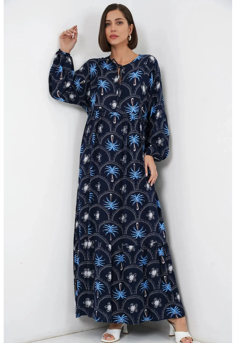 Rochie maxi  imprimeu tropical, bleumarin, maneca lunga, viscoza