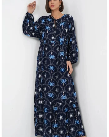 Rochie maxi  imprimeu tropical, bleumarin, maneca lunga, viscoza