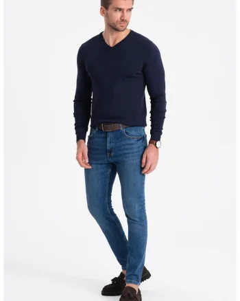 Pulover slim fit cu decolteu in V, Bleumarin