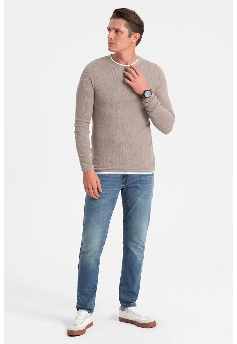 Pulover slim fit cu model uni, Bej