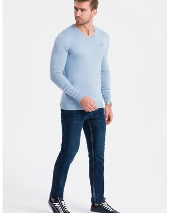 Pulover slim fit cu decolteu in V, Albastru deschis