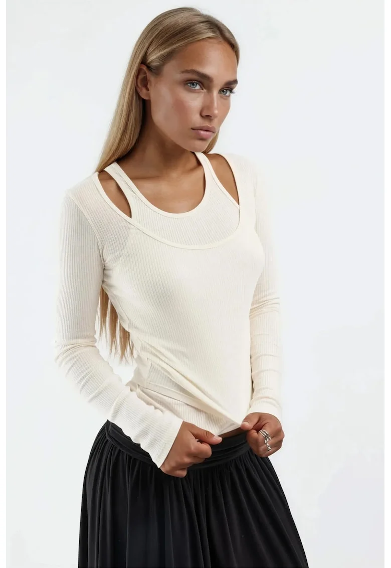 Bluza dama,  Guler in U, Alb, Bumbac
