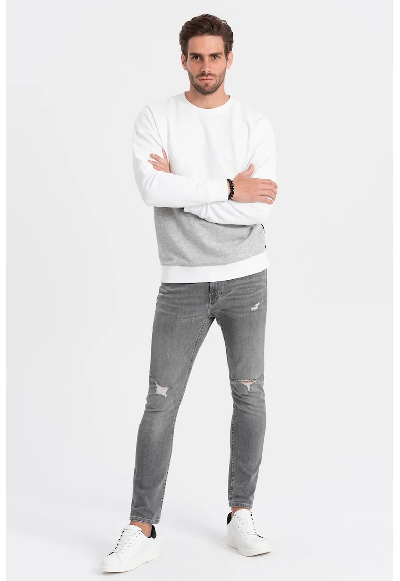 Bluza de trening cu decolteu la baza gatului si model colorblock, Alb/Gri