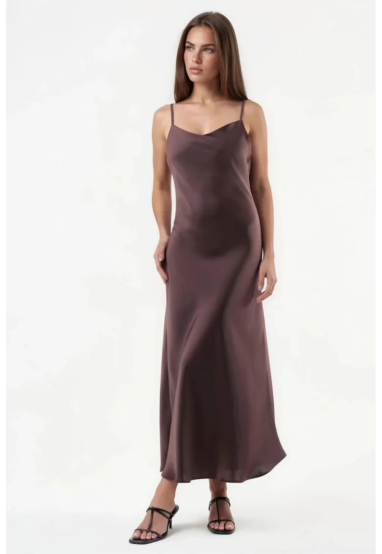 Rochie Midi,  Satin, Decolteu in V, Maro Inchis