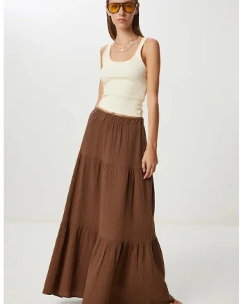 Fusta maxi Happiness Istanbul, talie inalta, bumbac 100%, maro