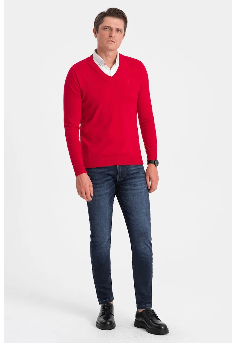 Pulover cu decolteu in V, Rosu vermillion