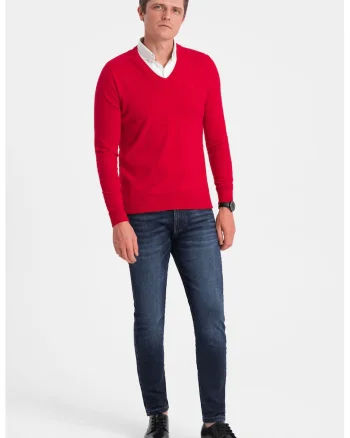 Pulover cu decolteu in V, Rosu vermillion