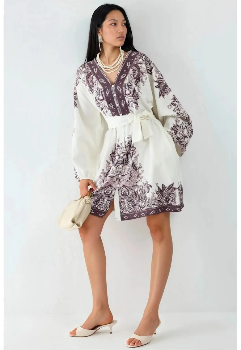 Rochie mini,  cu maneca lunga, poliester/elastan, alb/maro