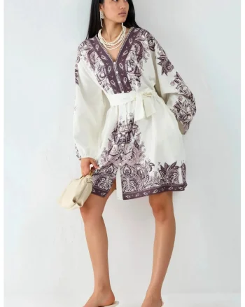 Rochie mini,  cu maneca lunga, poliester/elastan, alb/maro