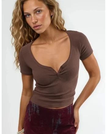 Tricou dama,  Bumbac/Elastan, Maro, Decolteu in V