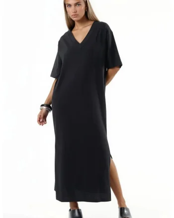 Rochie Midi  decolteu in V, maneca scurta, negru, bumbac