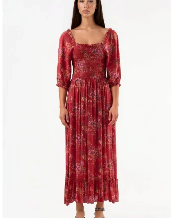Rochie Midi  Guler Patrat, Rosu, Viscosa