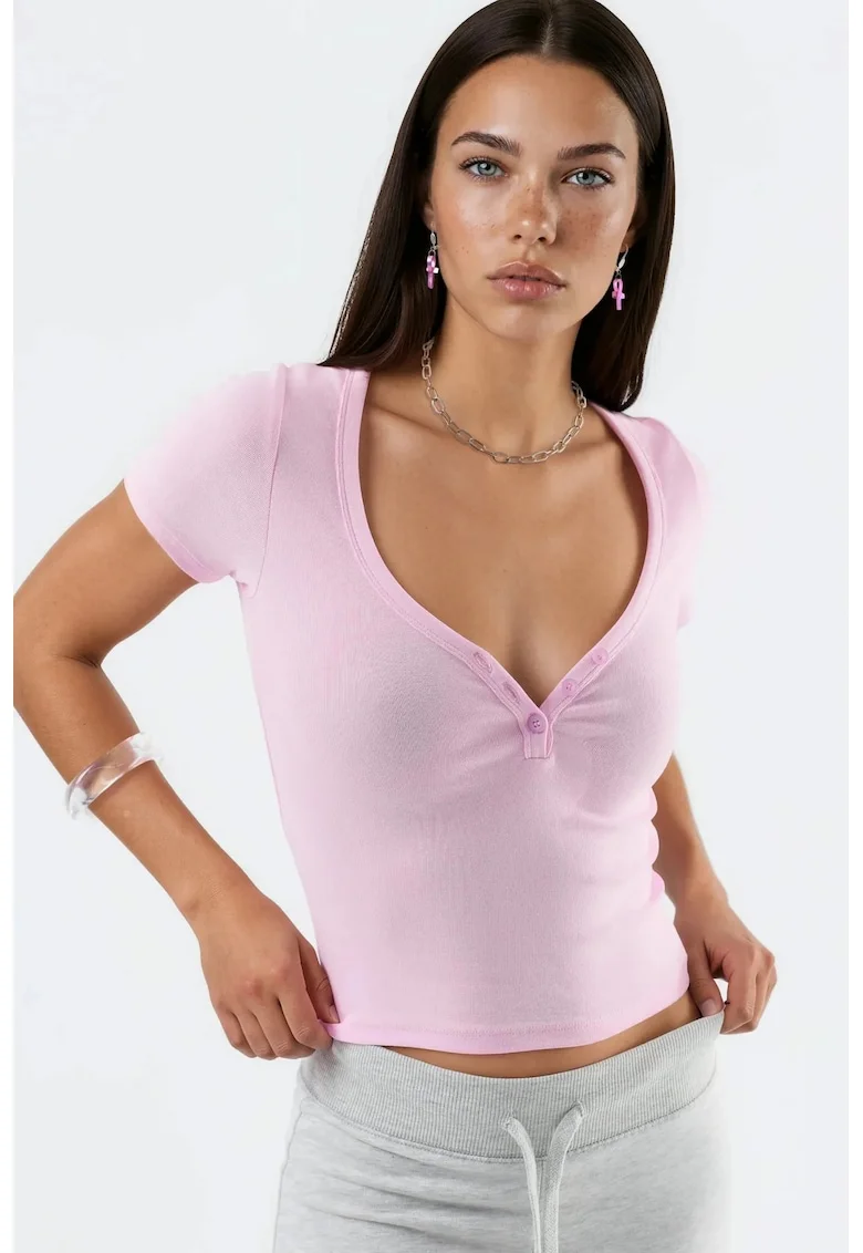 Tricou dama,  Decolteu in V, Roz pudrat, Bumbac/Elastan