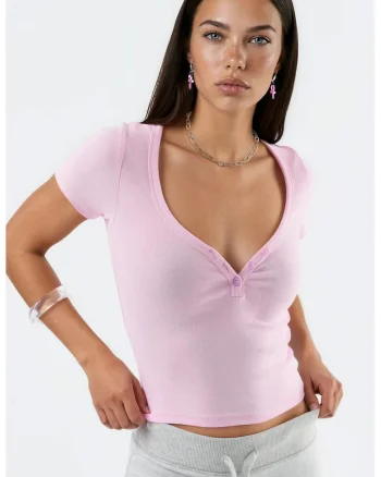 Tricou dama,  Decolteu in V, Roz pudrat, Bumbac/Elastan