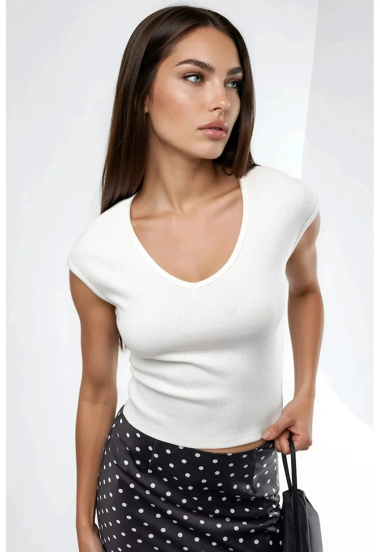 Tricou dama,  Decolteu in V, Alb, Bumbac/Poliester