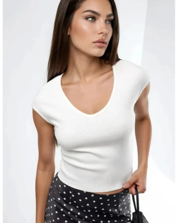 Tricou dama,  Decolteu in V, Alb, Bumbac/Poliester