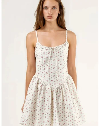 Rochie mini  imprimeu floral, guler in U, bej, poliester