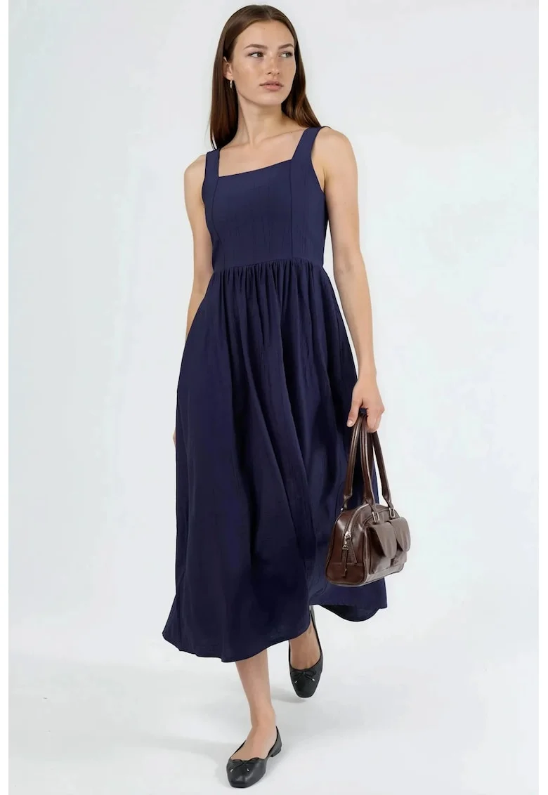 Rochie Midi  Albastru Marin, Decolteu Patrat