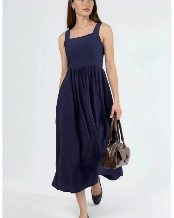 Rochie Midi  Albastru Marin, Decolteu Patrat