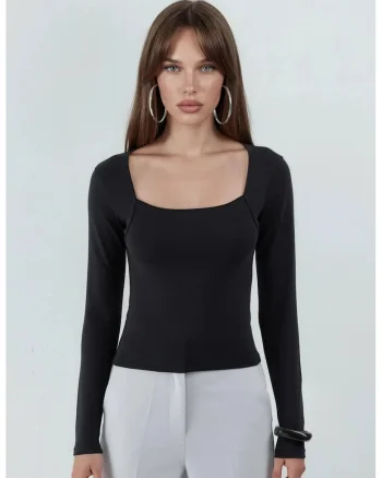 Bluza dama,  Slim fit, Negru, Bumbac/Elastan