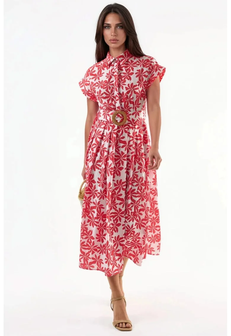 Rochie midi  rosu/alb, poliester/lycra