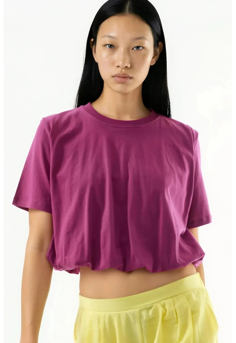 Tricou dama,  Guler rotund, Roz inchis, Textil