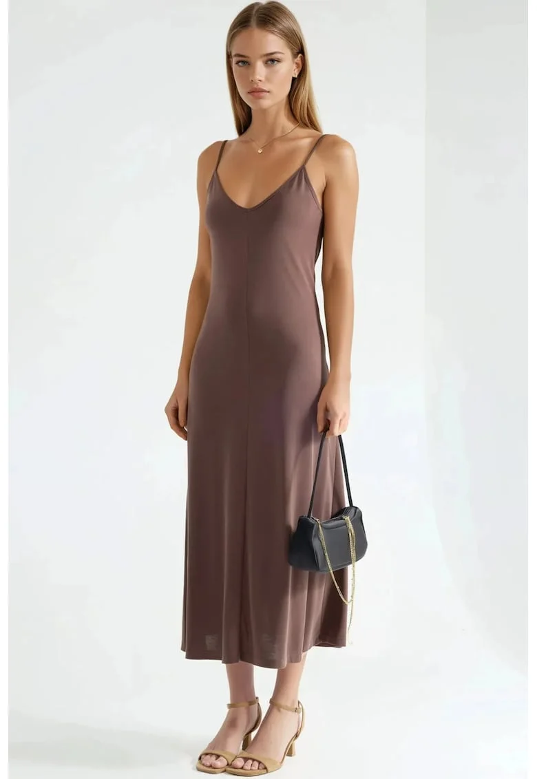 Rochie midi  decolteu in V, maro, modal/elastan