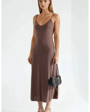 Rochie midi  decolteu in V, maro, modal/elastan