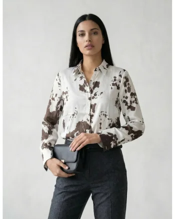 Camasa dama,  camasa cu imprimeu abstract, lungime maneca lunga, maro cafea, 100% poliester