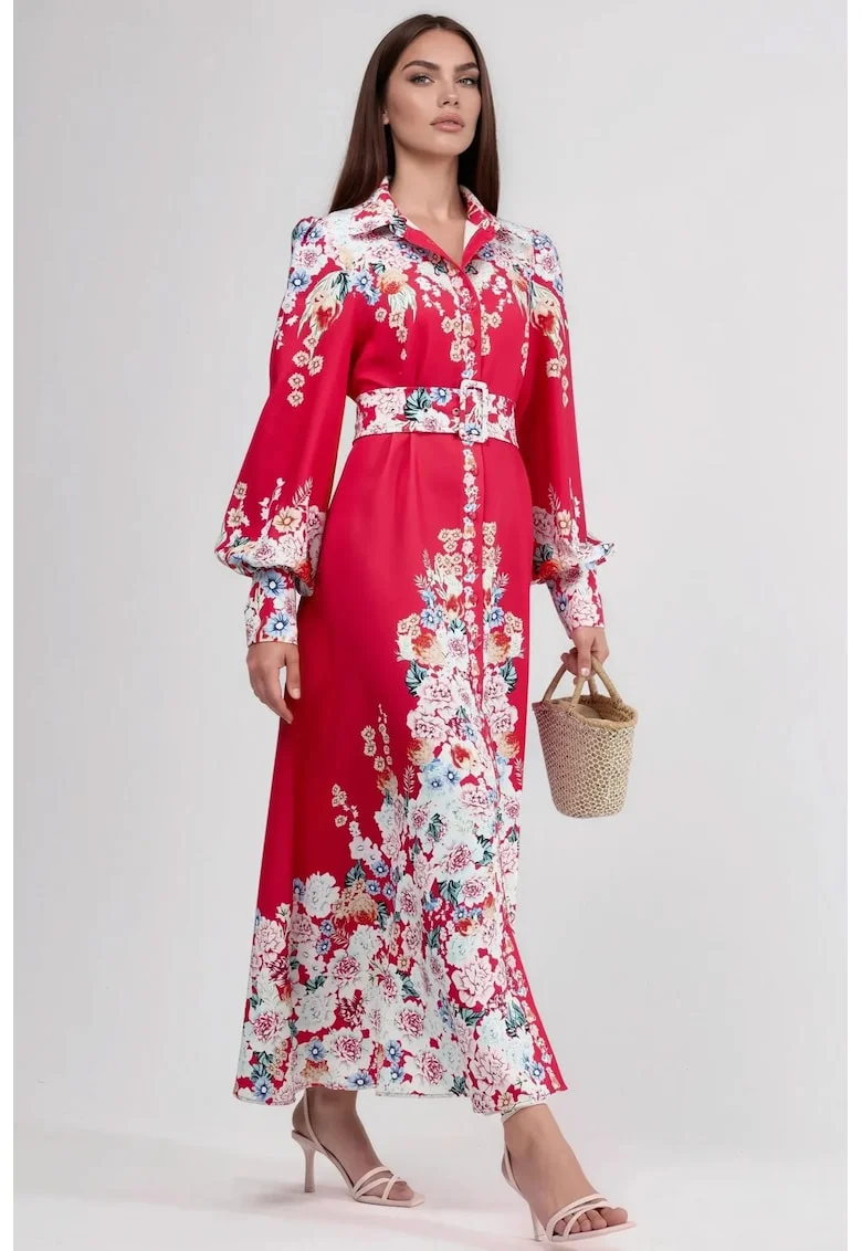 Rochie Maxi,  Floral, Rosu, Poliester, Maneca lunga