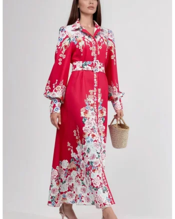 Rochie Maxi,  Floral, Rosu, Poliester, Maneca lunga