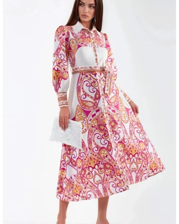 Rochie Maxi,  cu imprimeu, maneca lunga, poliester/lycra, Alb/Roz