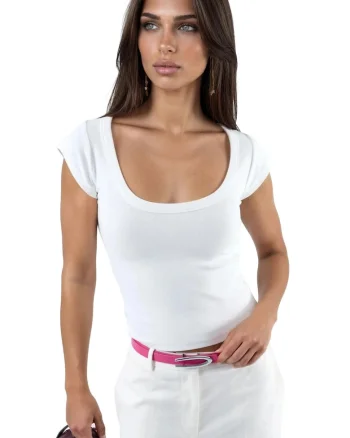 Tricou dama,  Guler U, Bumbac/Elastan, Alb