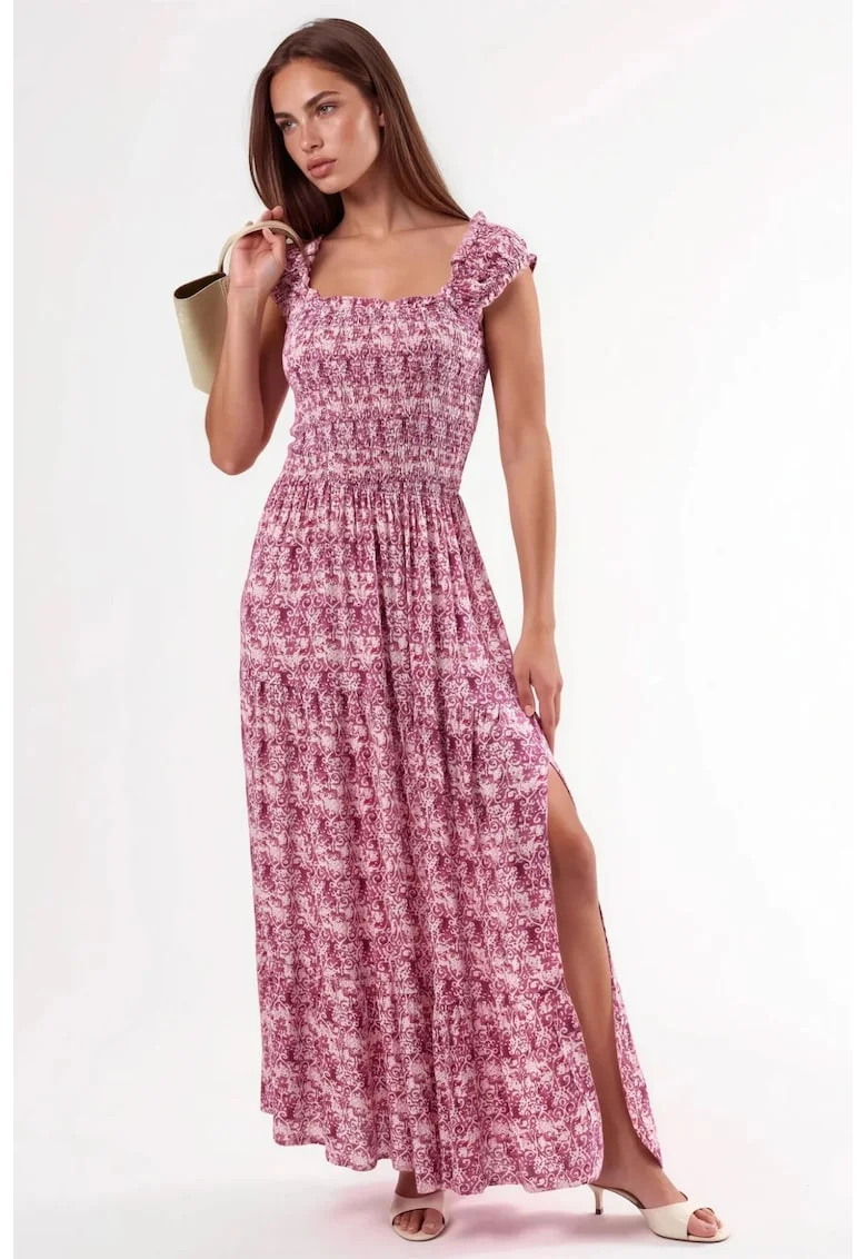 Rochie Maxi  cu imprimeu Paisley, decolteu patrat, roz, viscoza