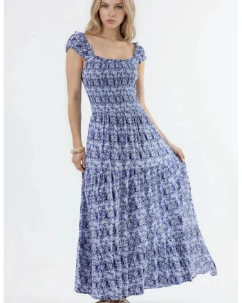 Rochie maxi  cu imprimeu Paisley, albastru marin, viscoza